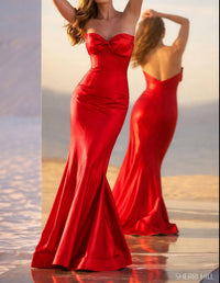 Sherri Hill Strapless Satin Gown in red - women's dress - detail view