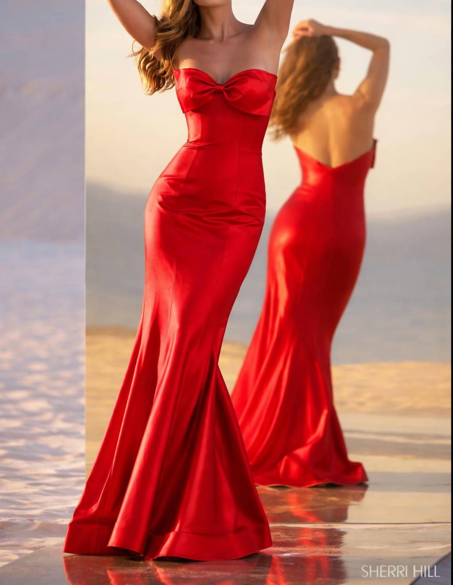 Sherri Hill Strapless Satin Gown in red - women's dress - detail view