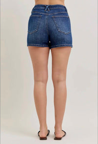 Judy Blue High Waist T.C. Slim shorts in medium blue - women's shorts - detail view