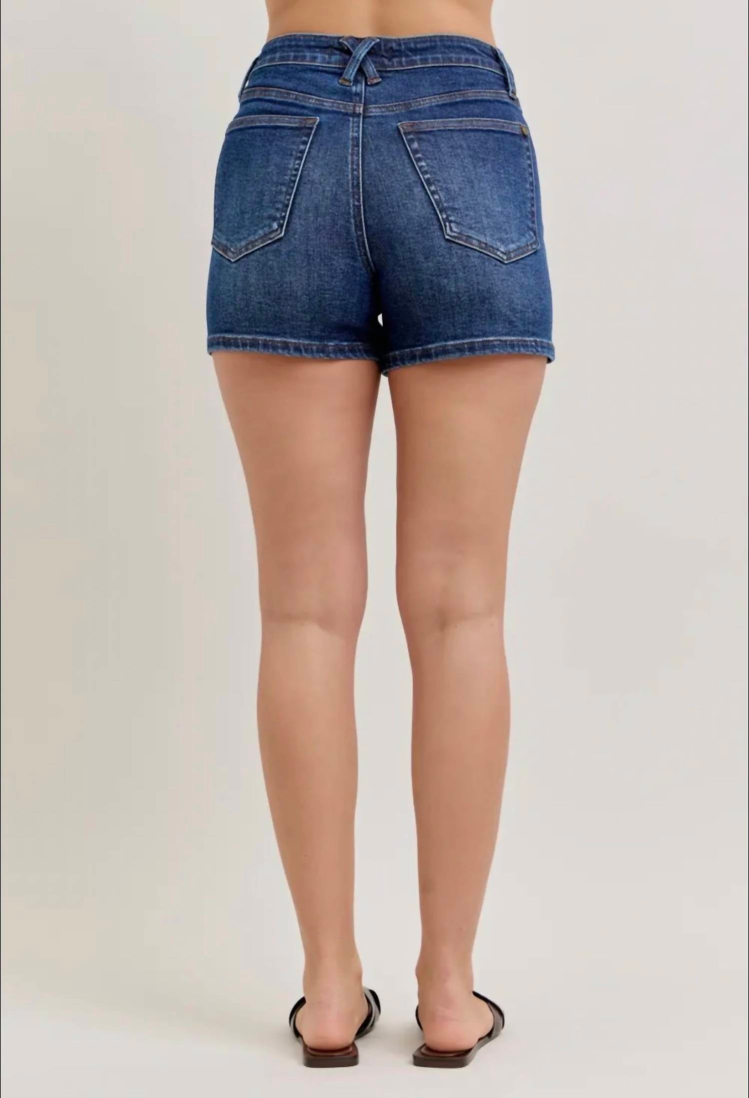 Judy Blue High Waist T.C. Slim shorts in medium blue - women's shorts - detail view