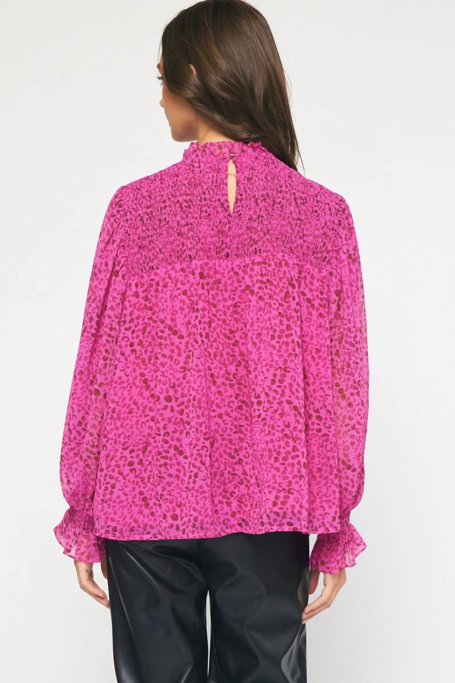 entro Check You Out Leopard Blouse in magenta - women's blouse - alternate view