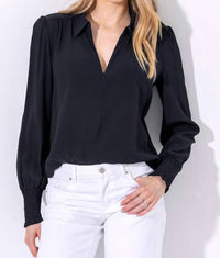 Go by Go Silk Spoken Word Long Sleeve Top in black - women's blouse - detail view
