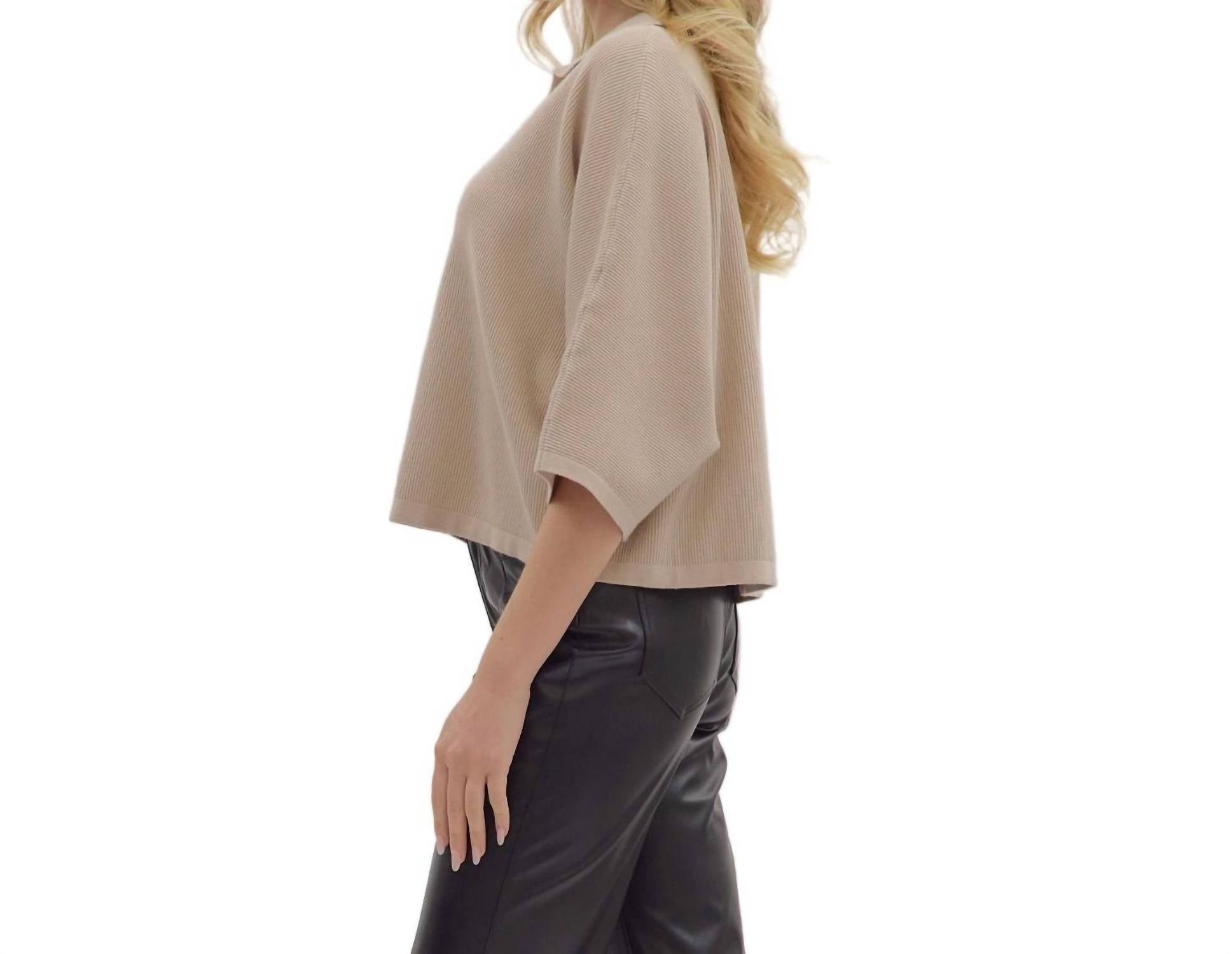 entro Solid 3/4 Sleeve V Neck Collar Knit Top in stone - women's sweater - alternate view