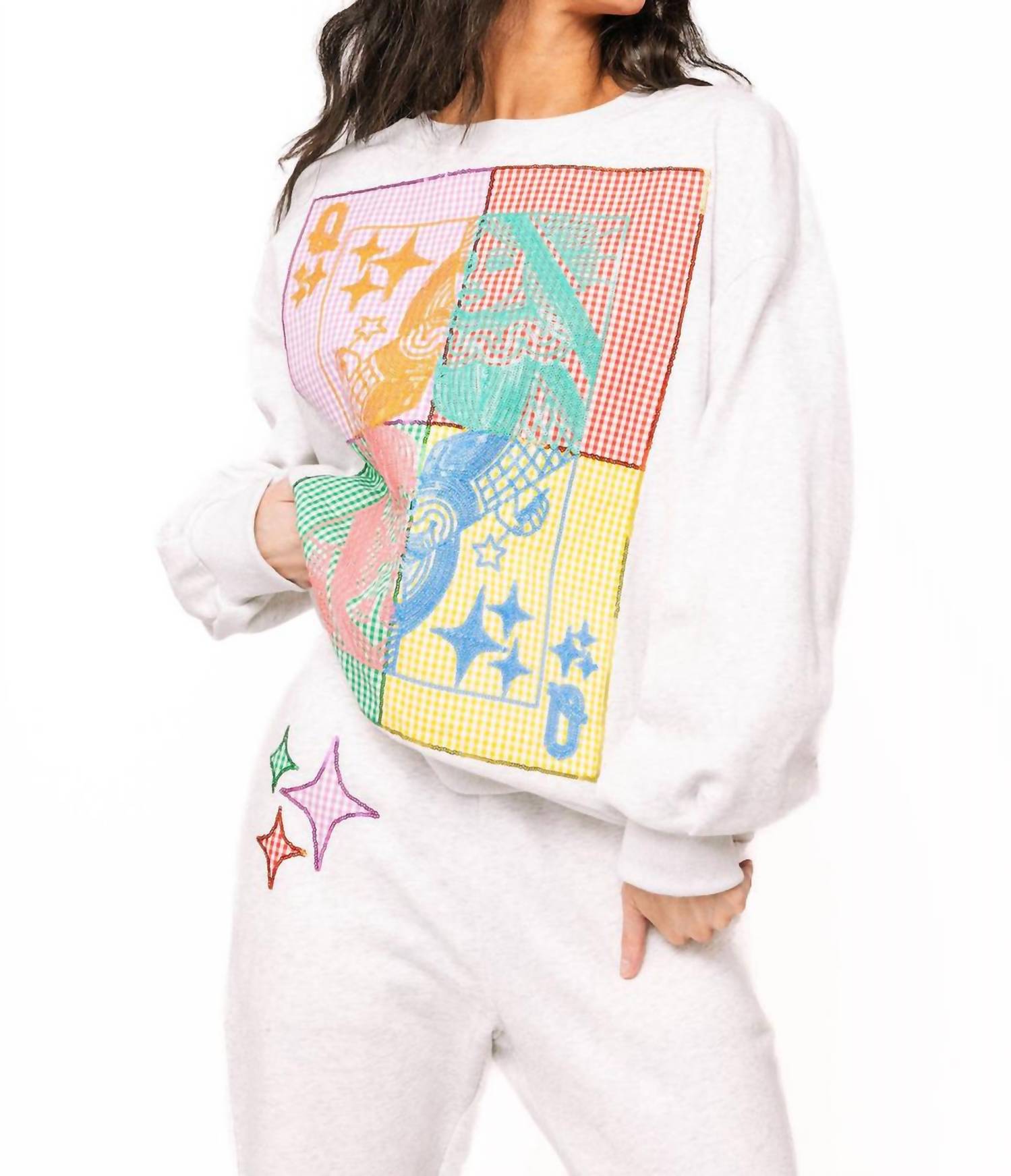 QUEEN OF SPARKLES Colorblock Gingham Card Logo Sweatshirt in grey - women's top - view 5