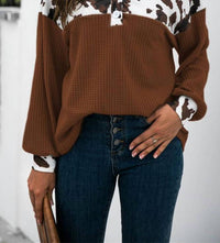 Unishe - Cow Print Splicing Buttons Top