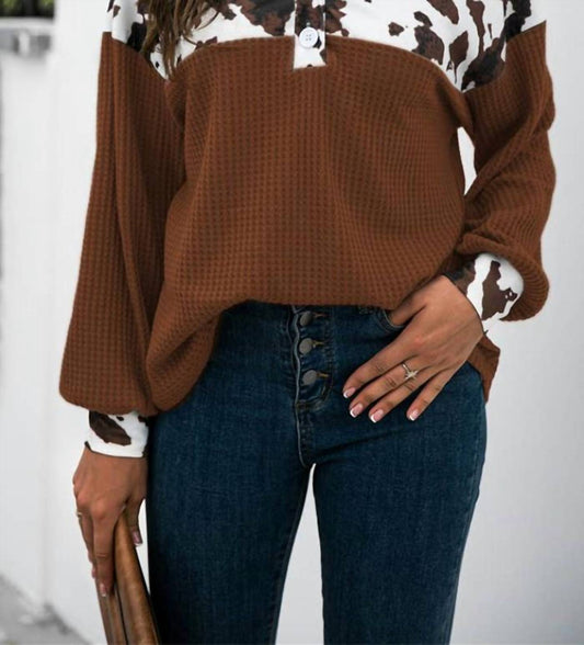 Unishe - Cow Print Splicing Buttons Top