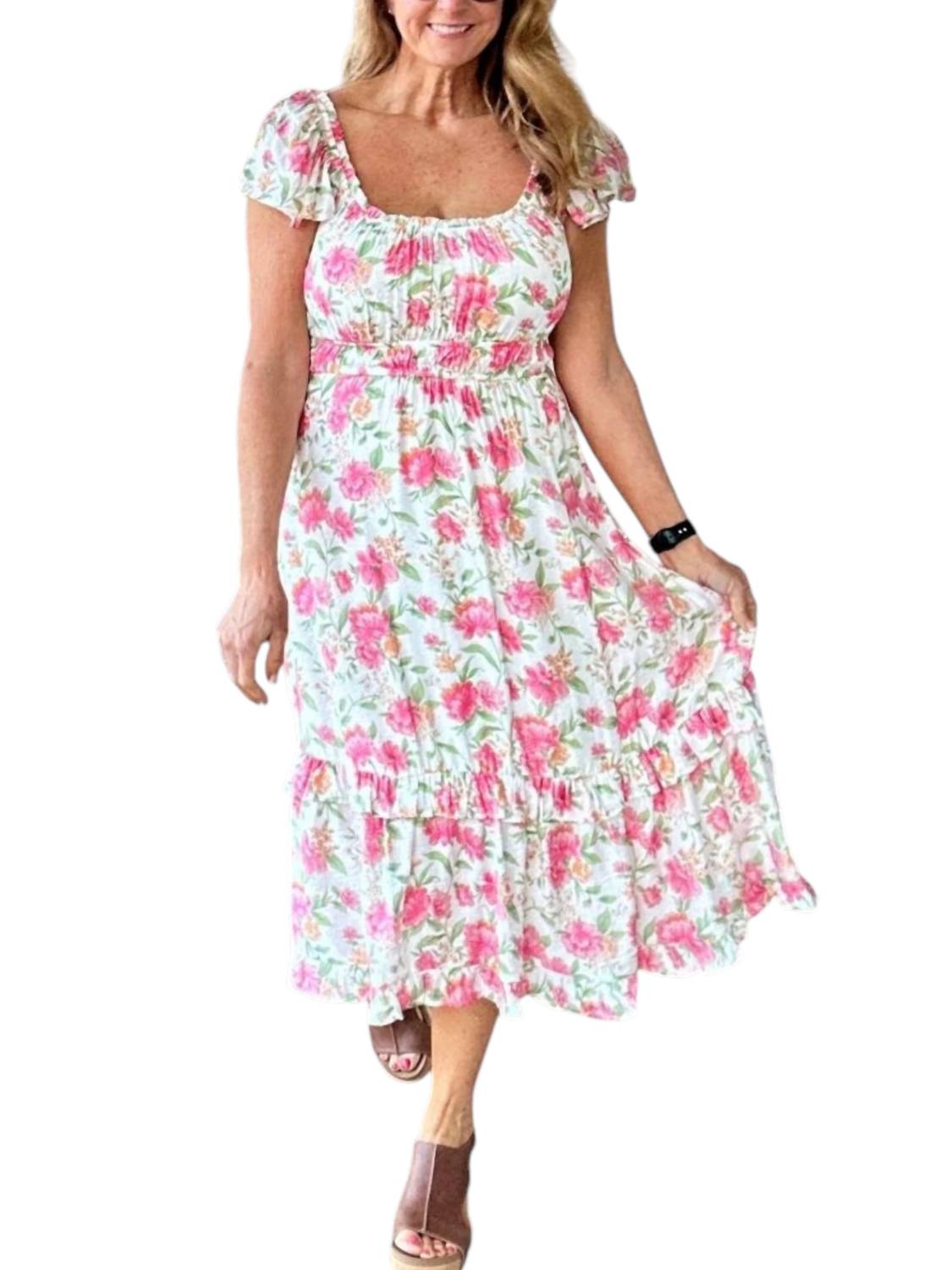 Blu Pepper Floral Waist Tie Front Slit Sleeveless Midi Dress in light peach multi - women's dress