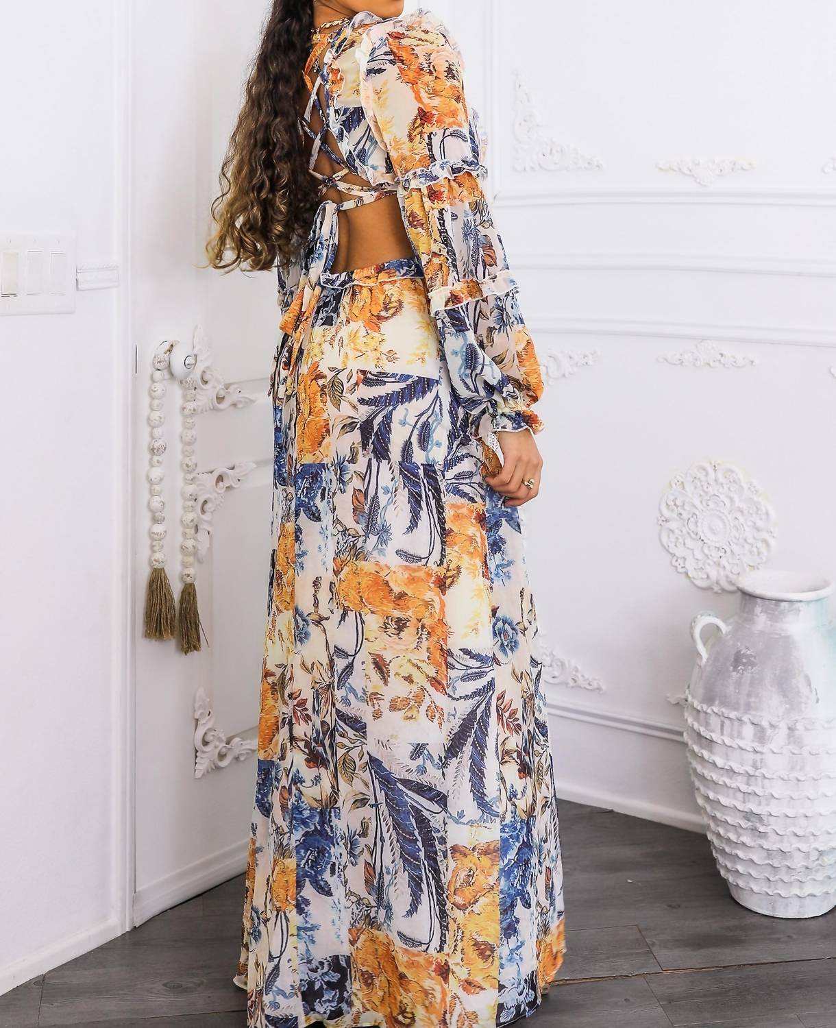 SurelyMine Boho Floral Cutout Lace-up Maxi Dress in cream - women's dress - view 8