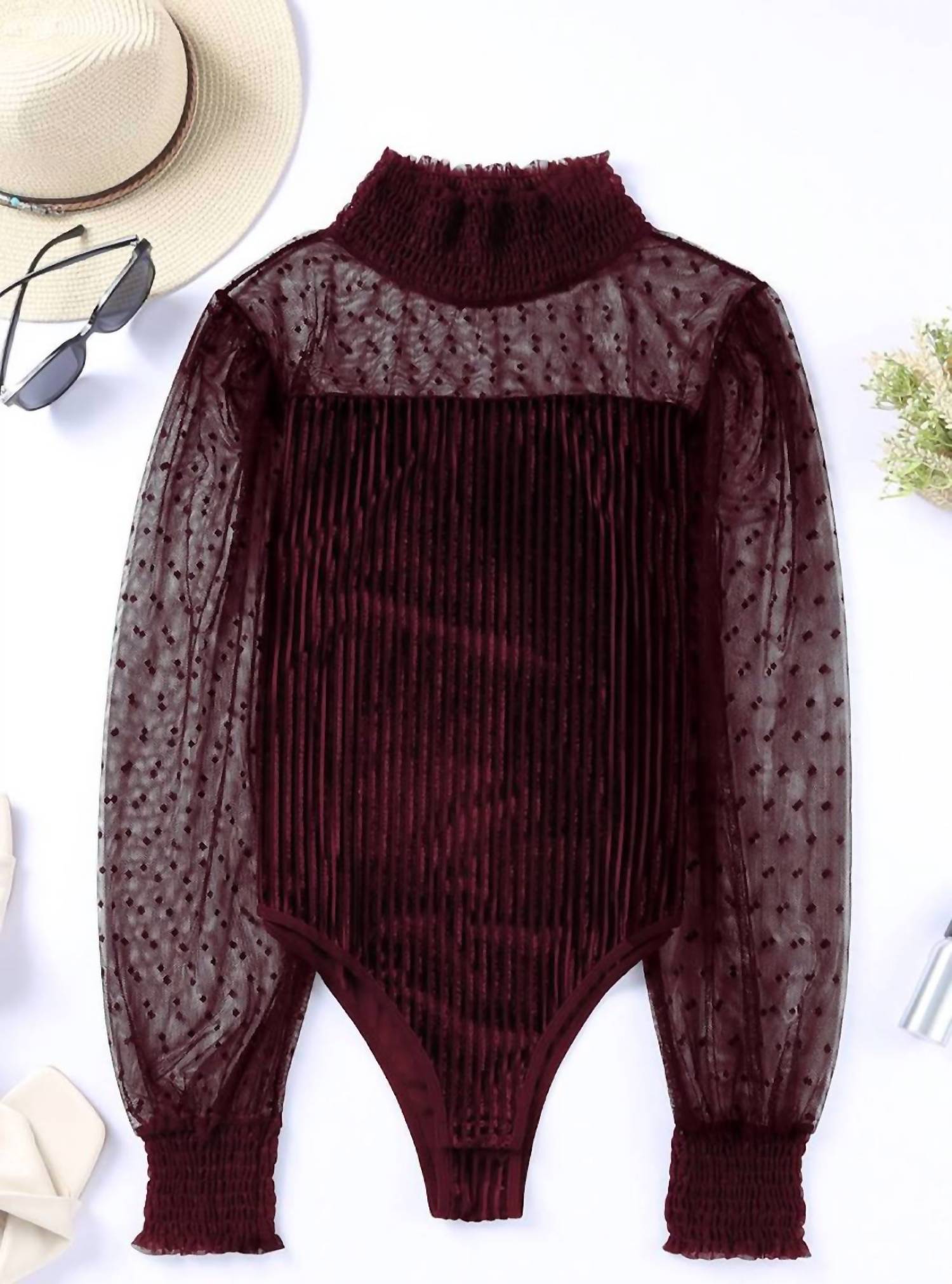 Pretty Bash - Women's Sheer Dotty Long Sleeve Velvet Bodysuit