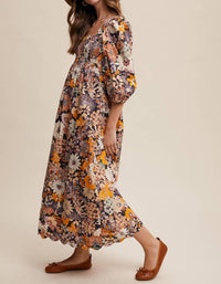 Listicle - Floral Smocked Puff Sleeve Maxi Dress