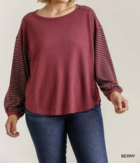 Umgee - Ribbed Sleeve Top In A Waffle Knit With High Low Hem - Plus
