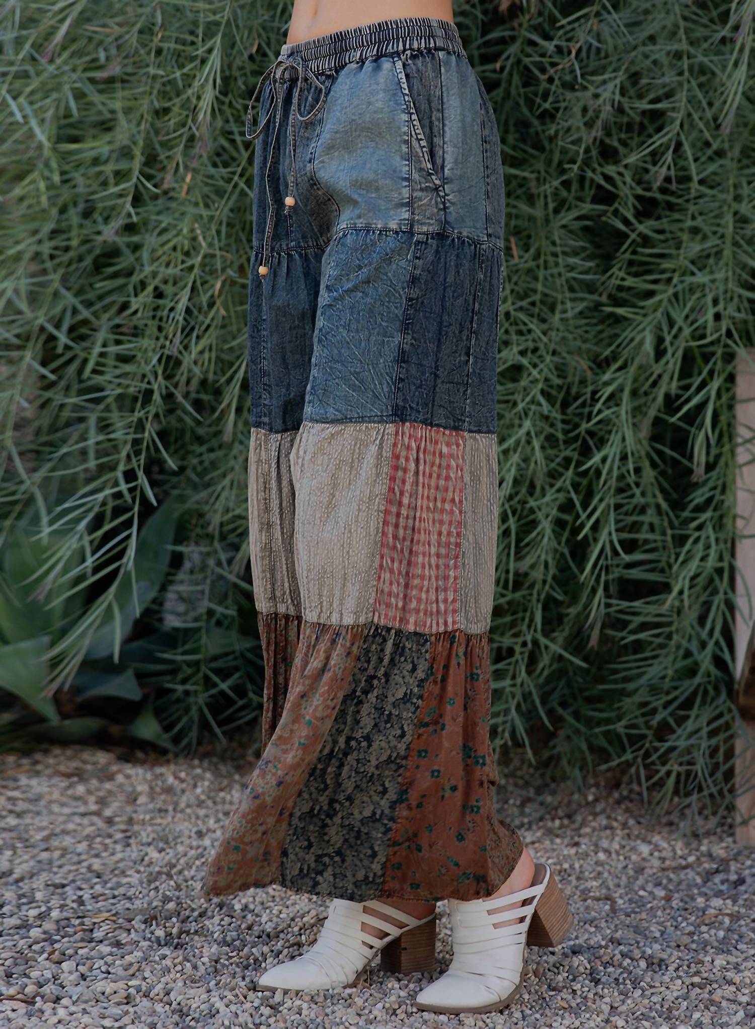 Young Threads - Women's Vintage Tiered Denim Patchwork Pants
