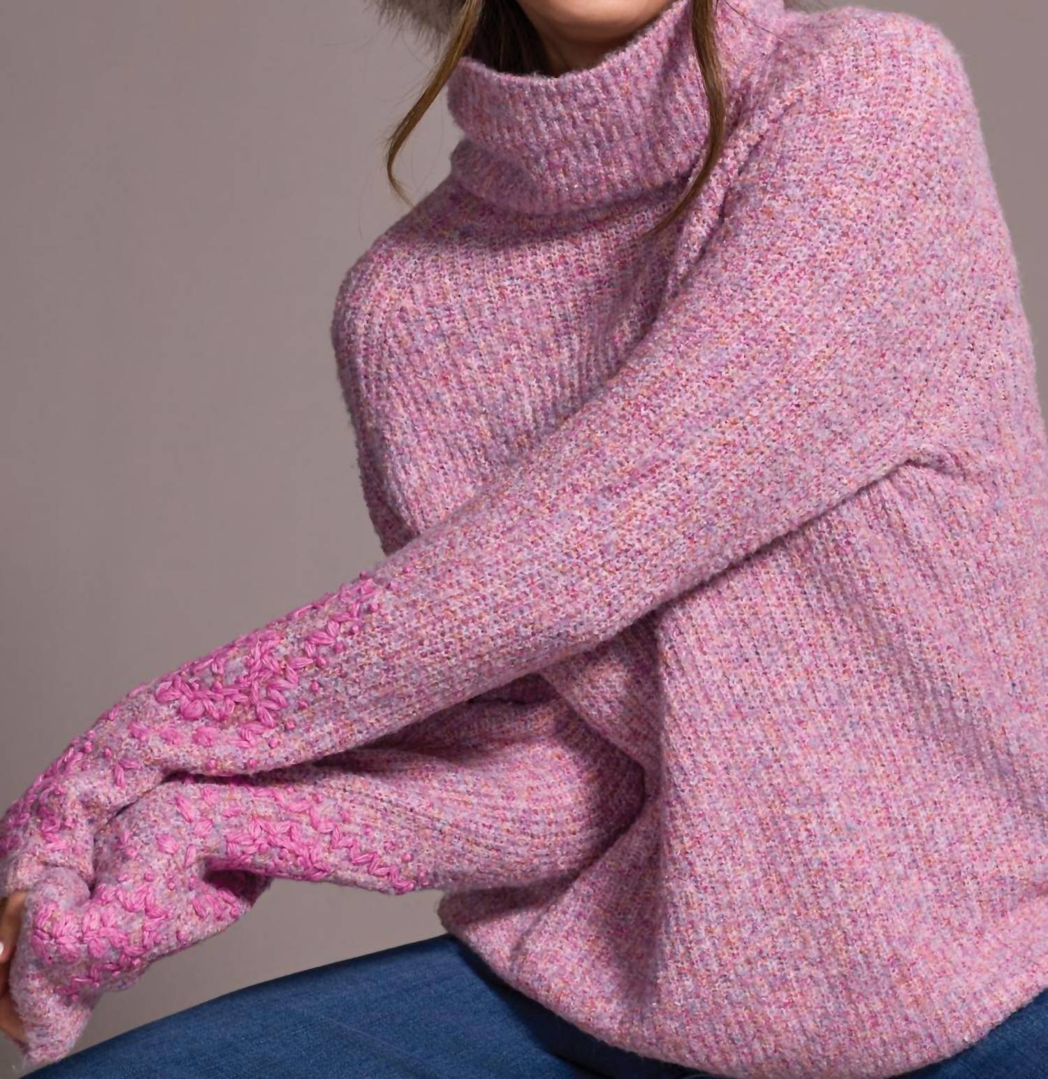TRIBAL Eloise Embroidered Sleeve Sweater in pink - women's sweater - view 4