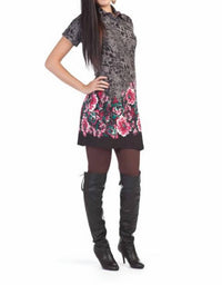 Papillon - Floral Border Animal Print Collar Sweater Dress