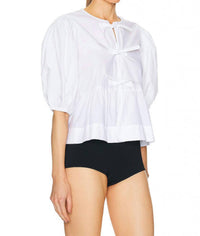Ganni - Pre-loved Poplin Puff Sleeve V Neck Blouse With Smocked Shirred Waist