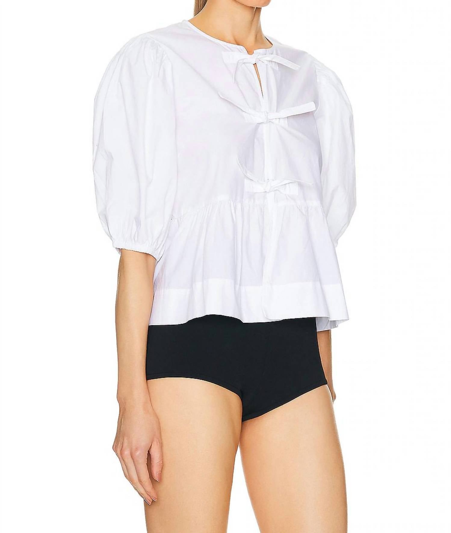 Ganni - Pre-loved Poplin Puff Sleeve V Neck Blouse With Smocked Shirred Waist