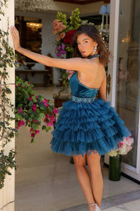 Ava Presley Velvet Halter Short Dress in teal - women's dress - alternate view