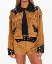 Show Me Your Mumu Wilson Faux Suede Faux Leather Jacket in brown - women's jacket
