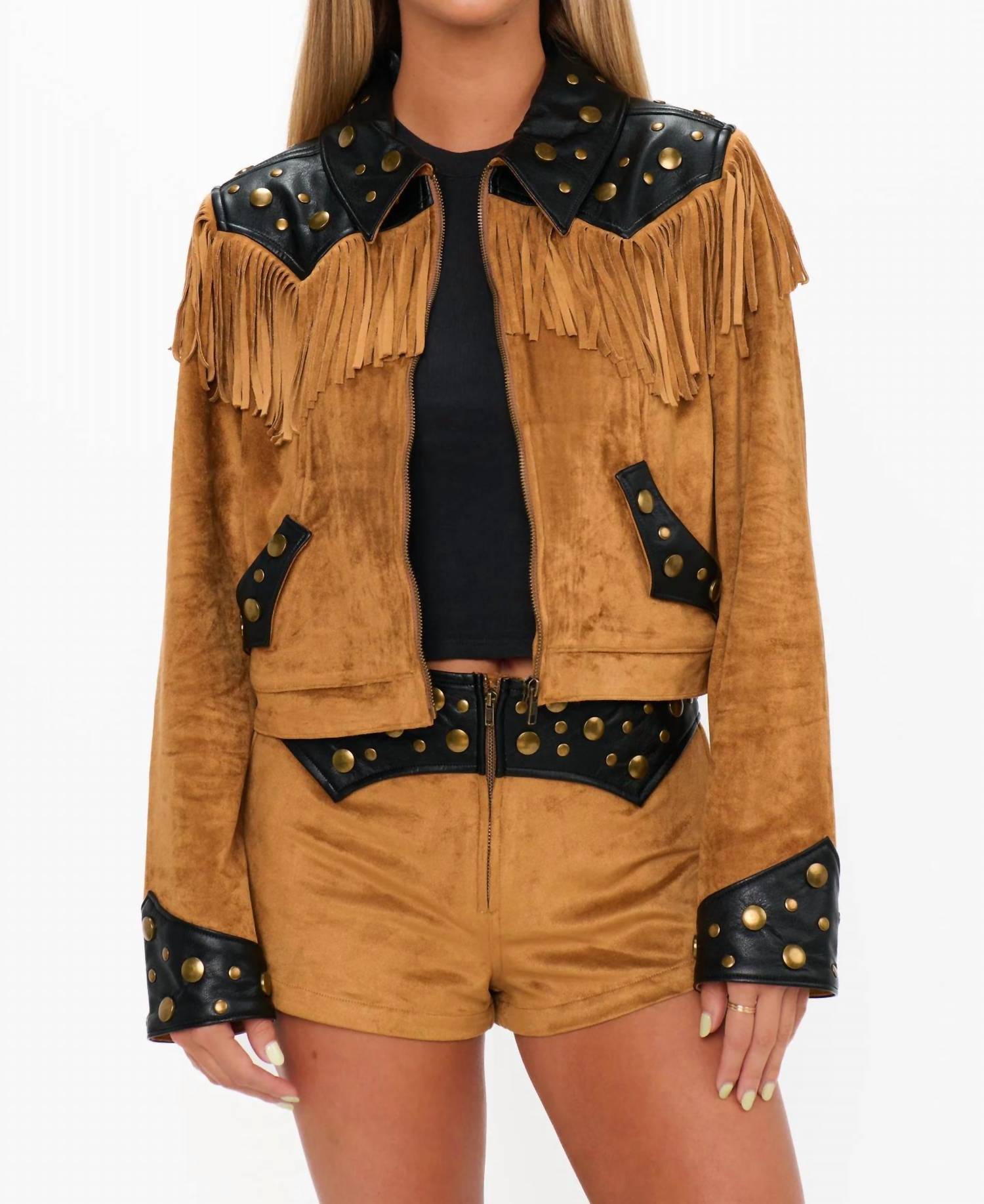 Show Me Your Mumu Wilson Faux Suede Faux Leather Jacket in brown - women's jacket