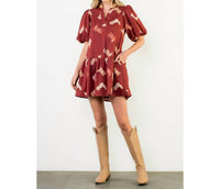 THML Puff Sleeve Boots Print Dress in burgundy - women's dress - detail view