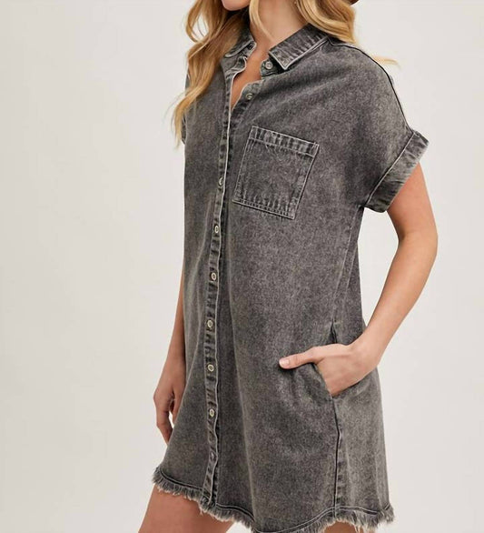 Bluivy - Denim Shirt Dress With Frayed Hem And Cuffed Sleeves