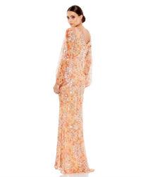 MAC DUGGAL Bishop Sleeve Floral Print Dress in apricot - women's dress - alternate view