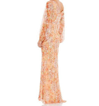 MAC DUGGAL Bishop Sleeve Floral Print Dress in apricot - women's dress - detail view