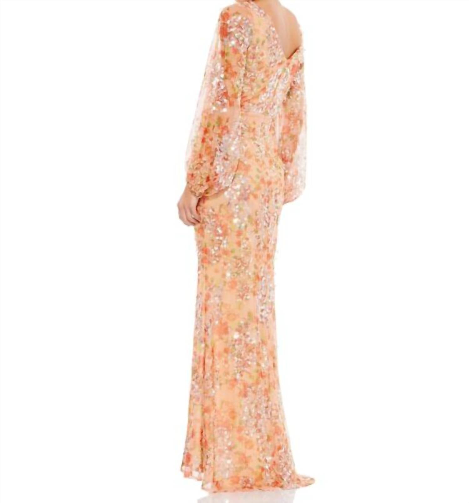 MAC DUGGAL Bishop Sleeve Floral Print Dress in apricot - women's dress - detail view