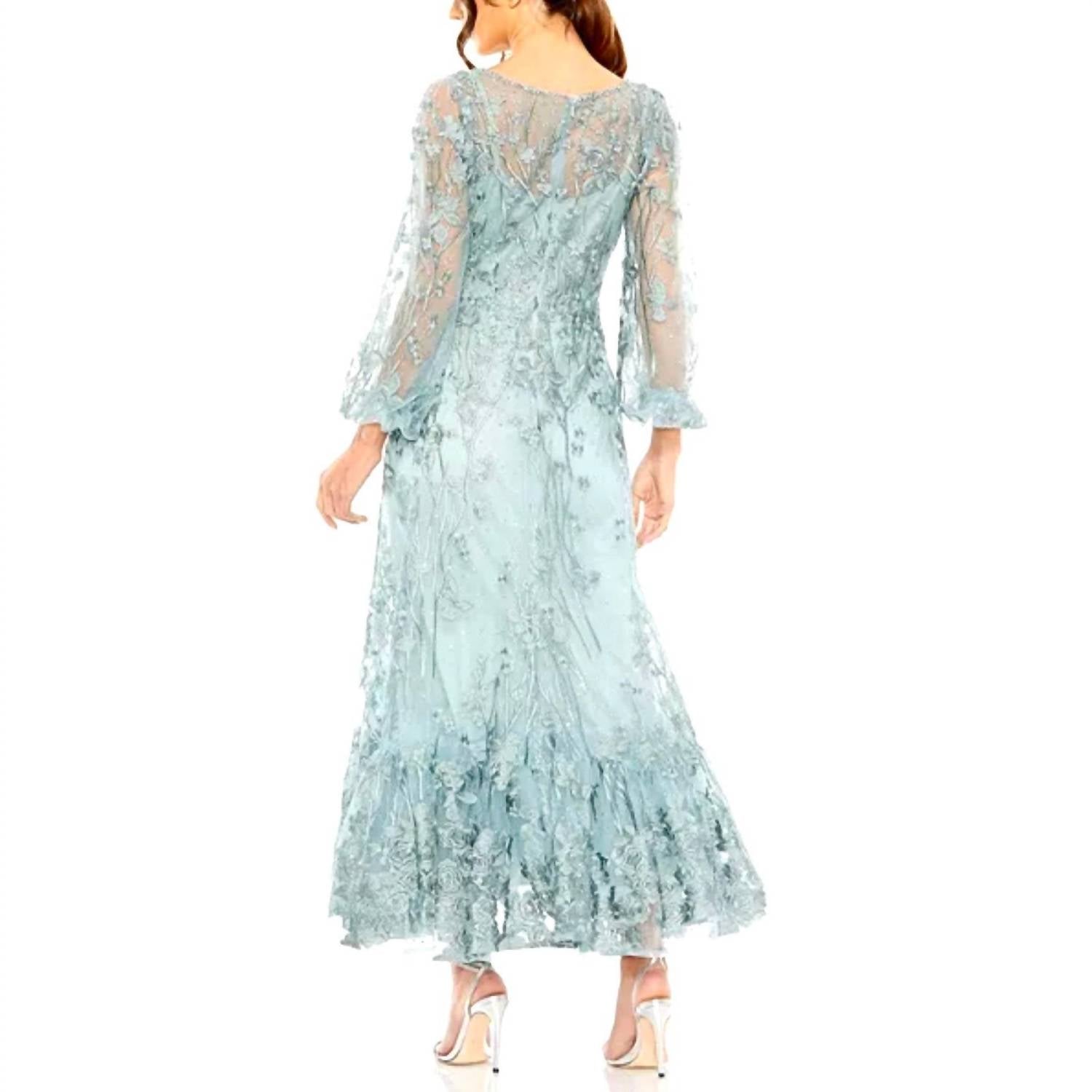 Mac Duggal - V-neck Embroidered A-line Tea Length Dress