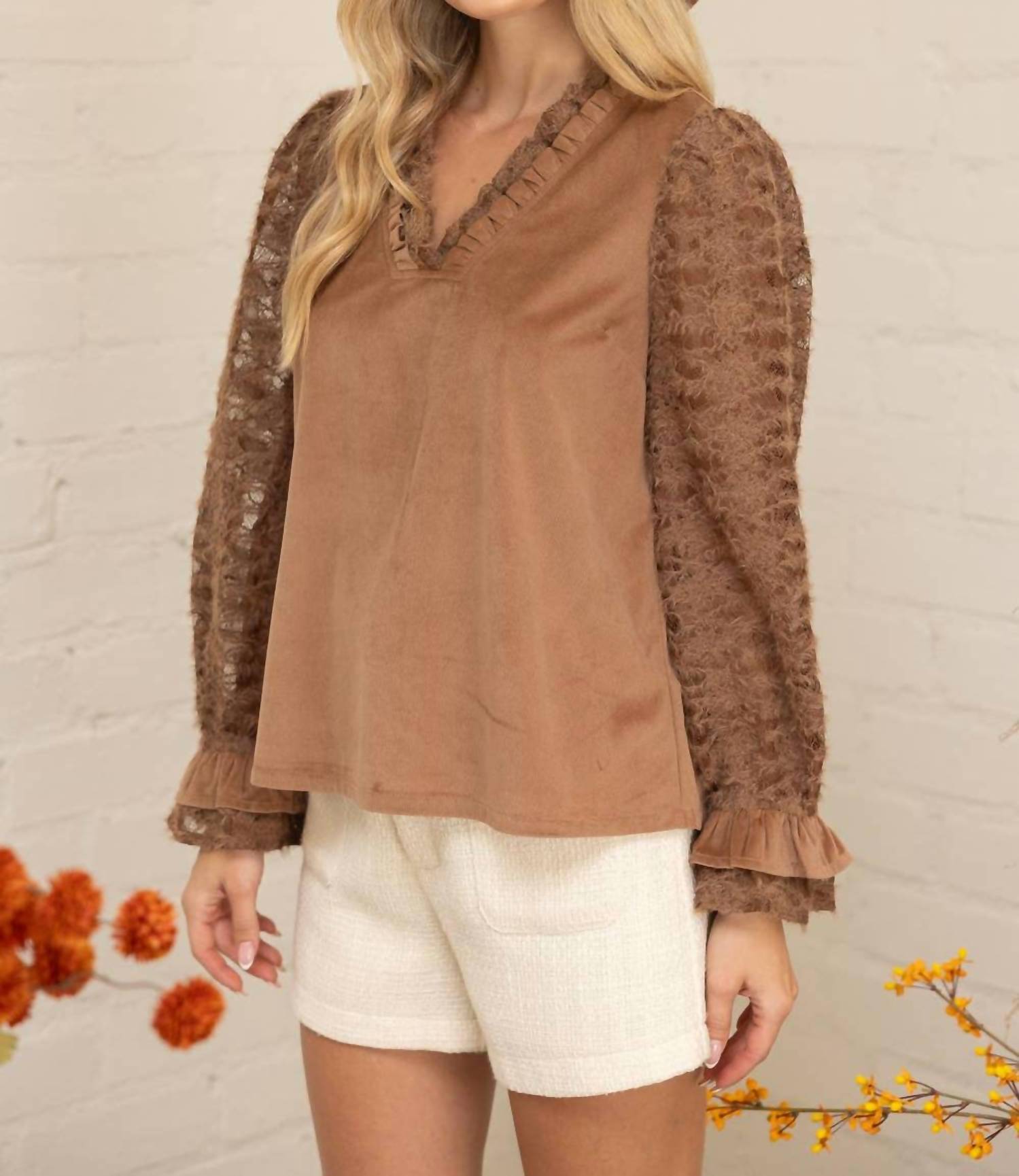 Voy - Fuzzy Lace Long Sleeve Ruffle Detailed Corduroy Top