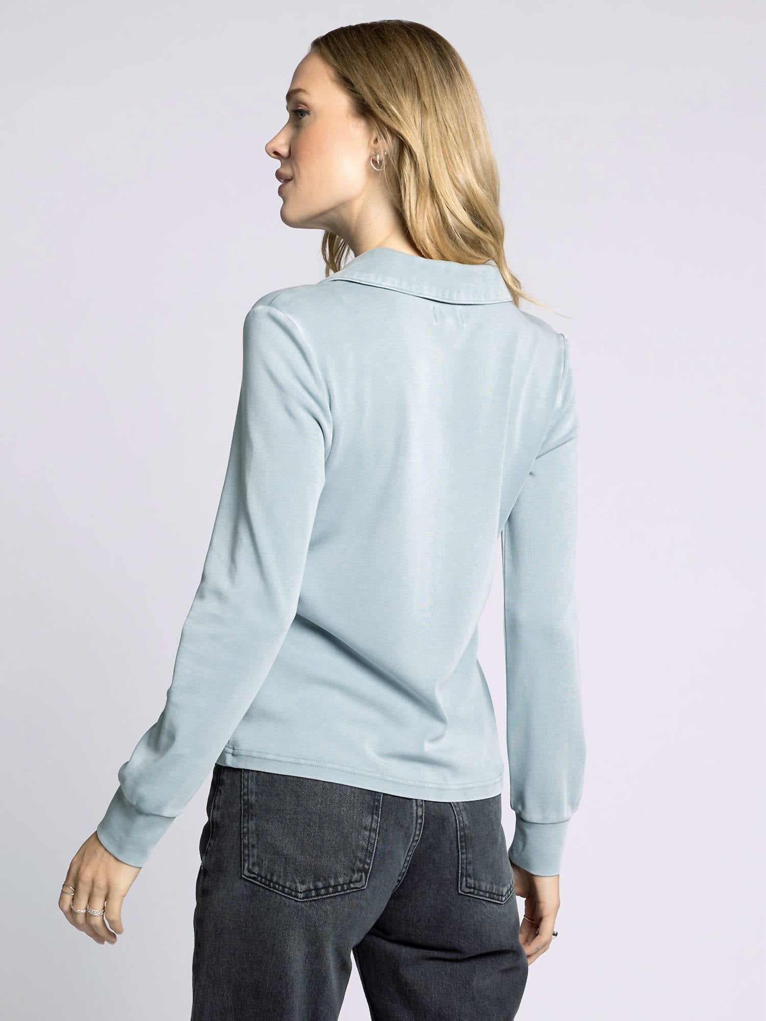 Thread & Supply Lucy Collared Top in dusty blue - women's long sleeve top - detail view
