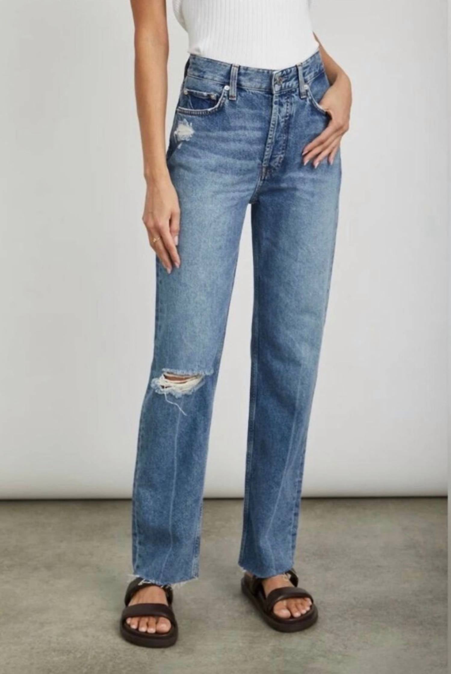 Rails Women's Topanga High Rise Straight Jeans in vintage sapphire distress - women's jeans - detail view