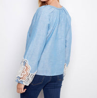CHARLIE B Linen Blend V-Neck Long Sleeve Blouse in chambray - women's blouse - alternate view