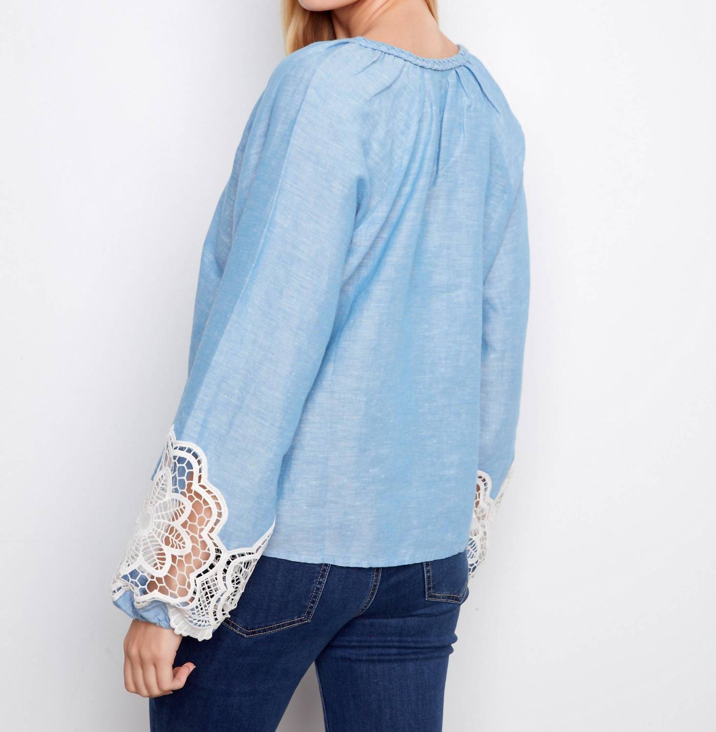 CHARLIE B Linen Blend V-Neck Long Sleeve Blouse in chambray - women's blouse - alternate view