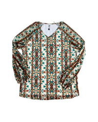 2FlyCo Women's Geometric Aztec Long Sleeve Blouse Top in brown aqua - women's blouse
