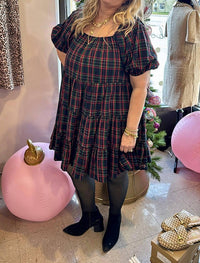 WISHLIST Holly Plaid Puff Sleeve Tiered Midi Dress in navy - women's dress - view 5