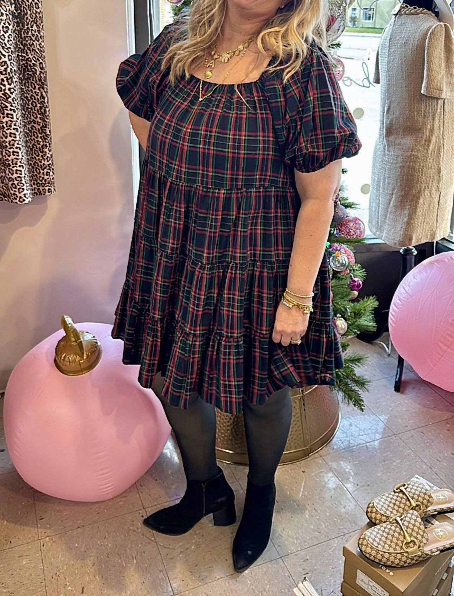 WISHLIST Holly Plaid Puff Sleeve Tiered Midi Dress in navy - women's dress - view 5