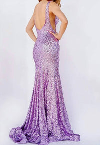 Jovani - Sequined Illusion Side Prom Gown