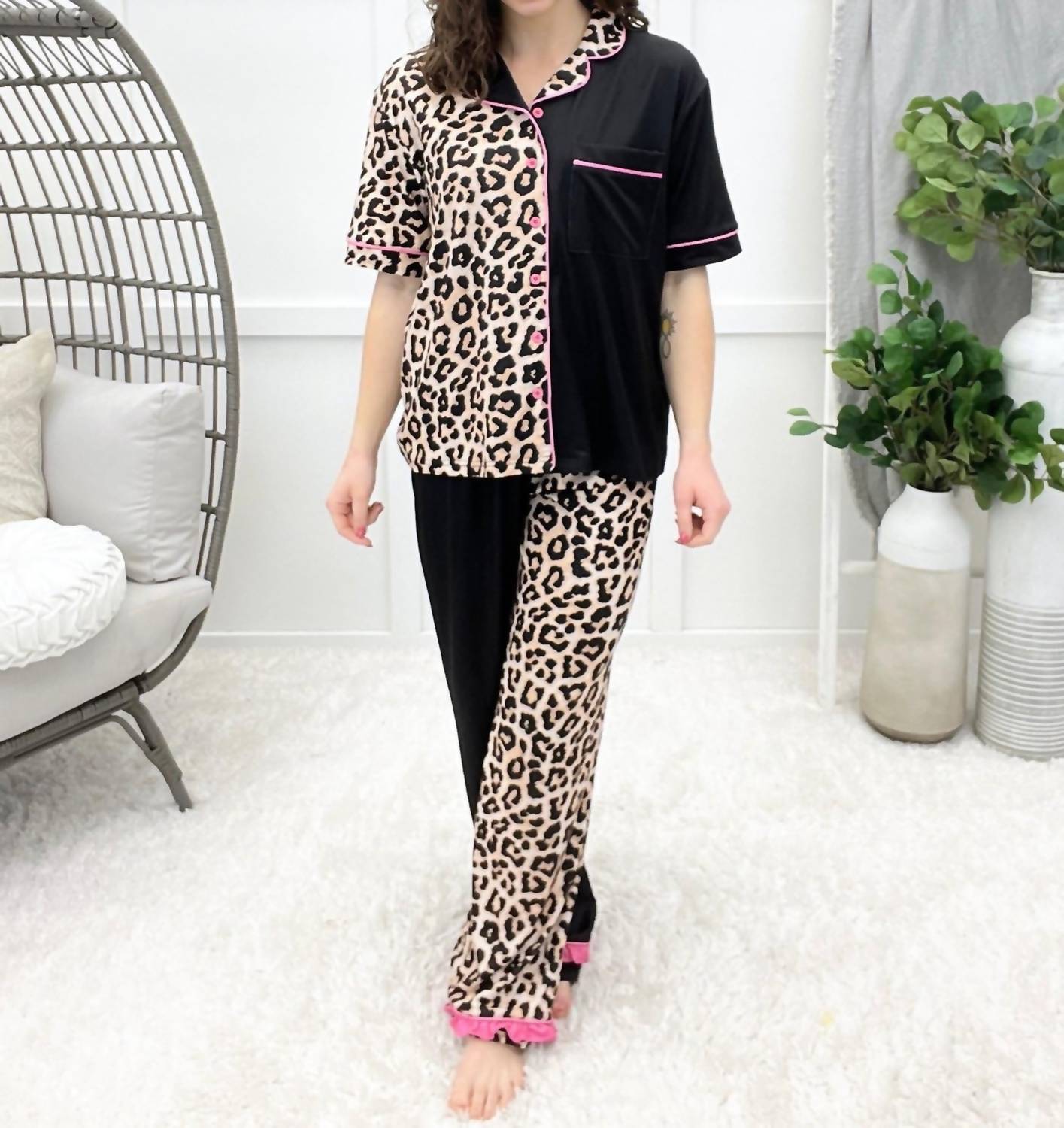 Jess Lea Double Take Leopard Ruffle Pajama Set in multi - women's sleepwear