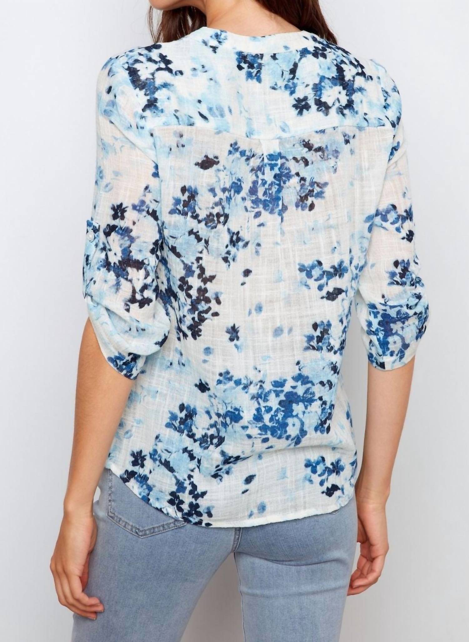 CHARLIE B Roll Up Sleeve Cotton Gauze Top in meadow - women's blouse - alternate view