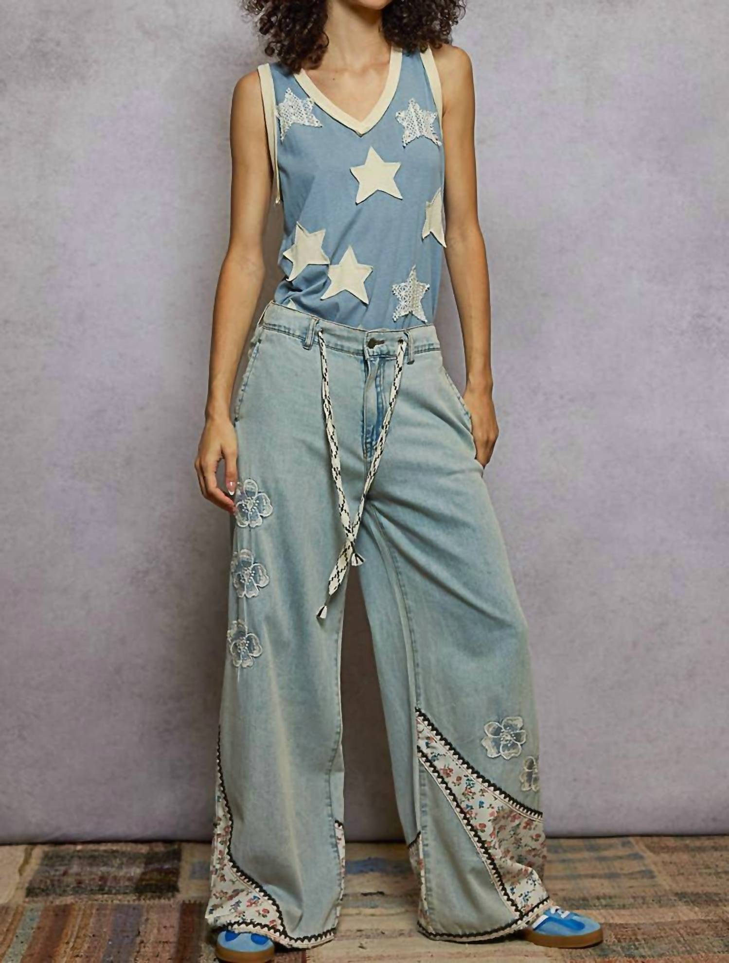Pol - Floral Patches Embroidery Elastic Band Casual Pants