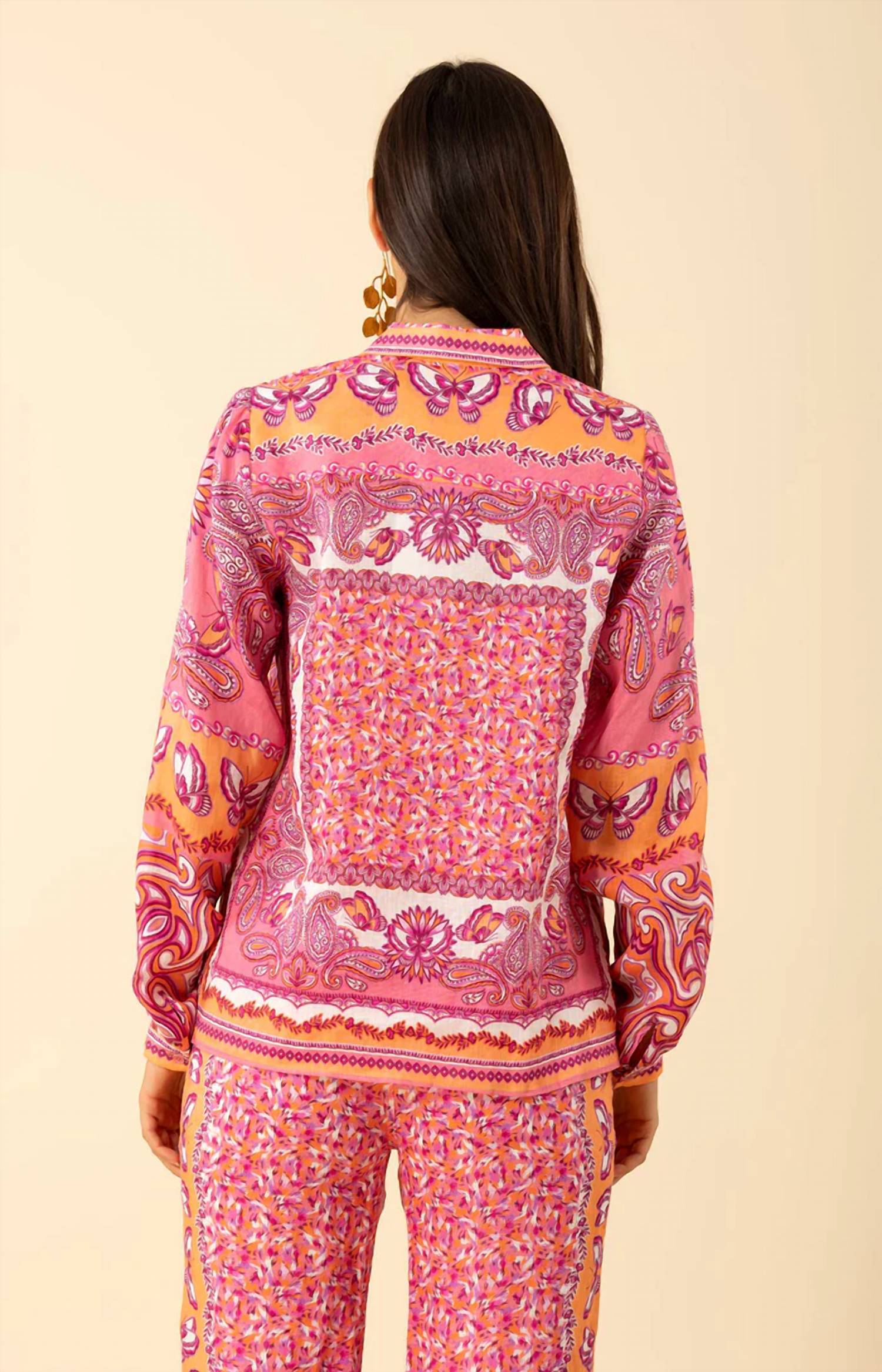 Hale Bob - Harlee Border Print Linen Long Sleeve Blouse Top