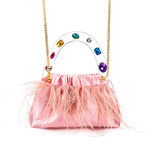 Milanblocks - Women's Colorful Gem Handle Embellished Feather Bag