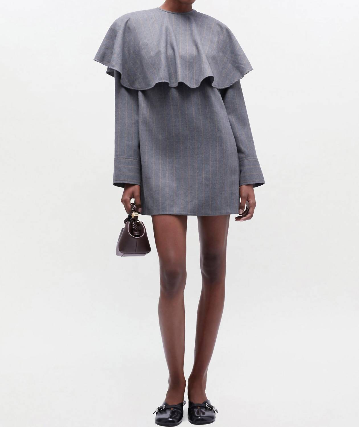 GANNI Brushed Wool Stripe Circle Collar Mini Dress in pewter - women's dress