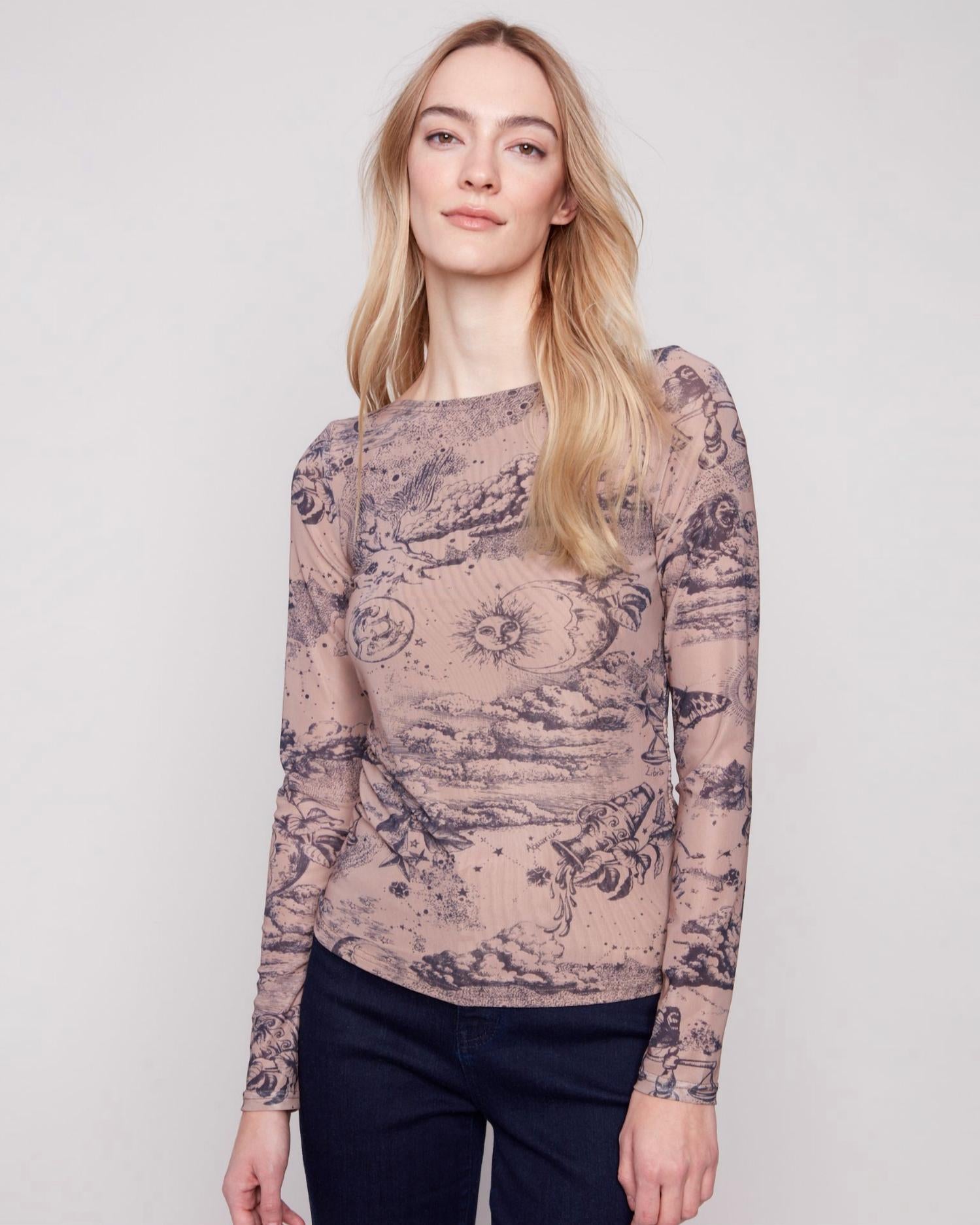 Charlie B - Women's Printed Ruched Mesh Top