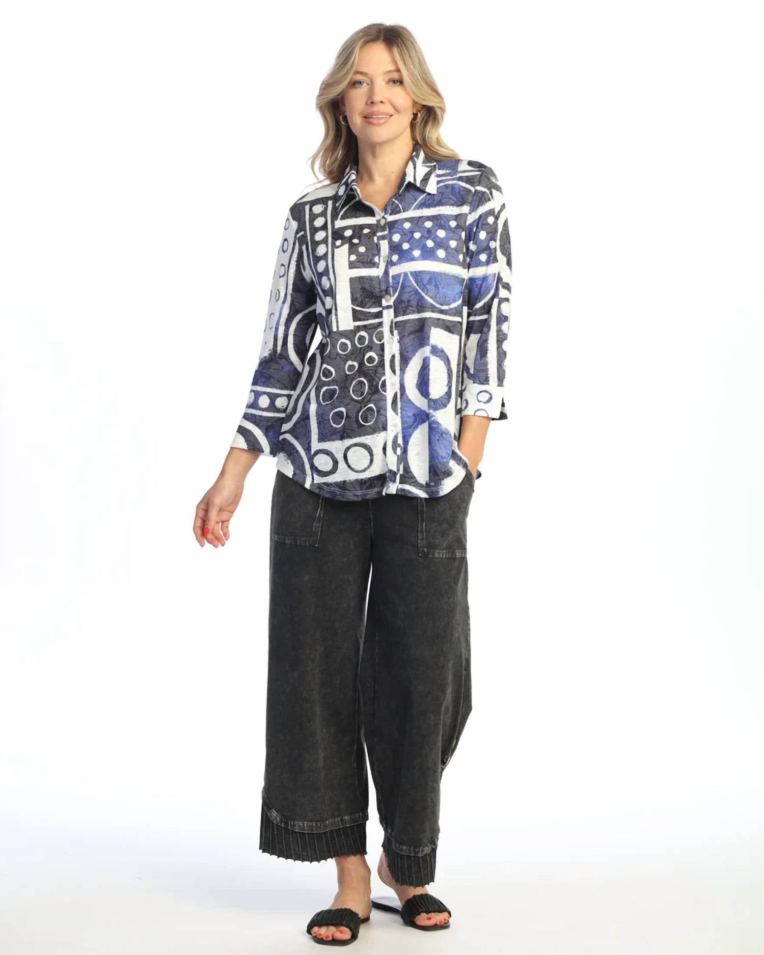 Jess & Jane - Button Down Shirt With 3/4 Sleeve