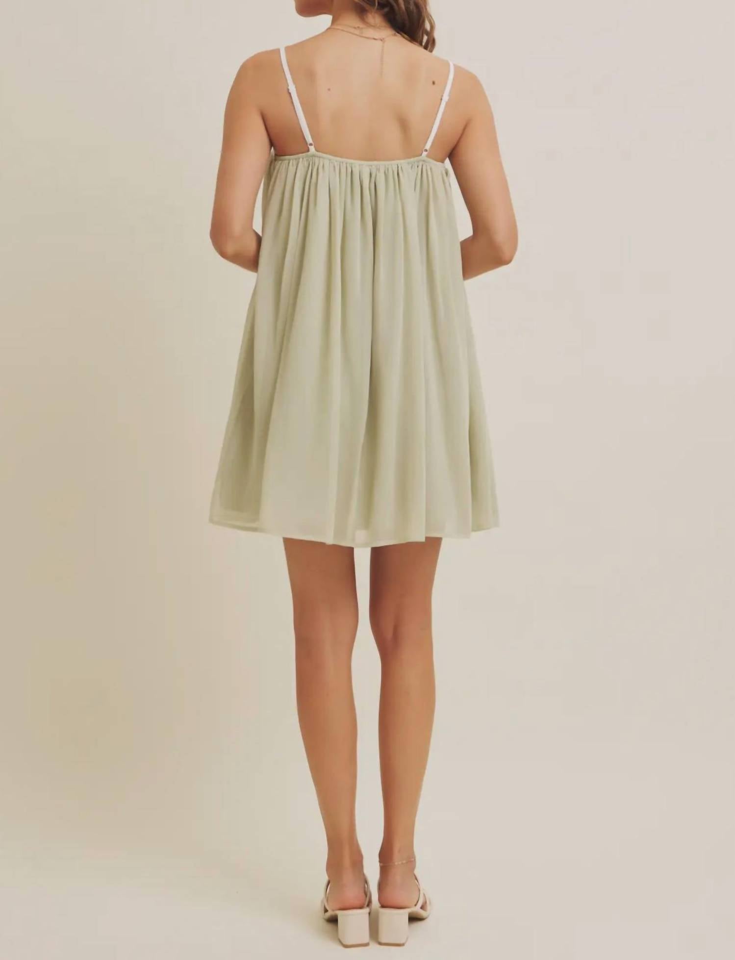 In February Jade Mini Dress in serene misty sage hue - women's dress - detail view