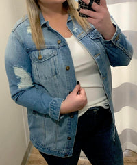 Poison Mushroom Boyfriend Style Distressed Jean Jacket in medium light - women's jacket - detail view