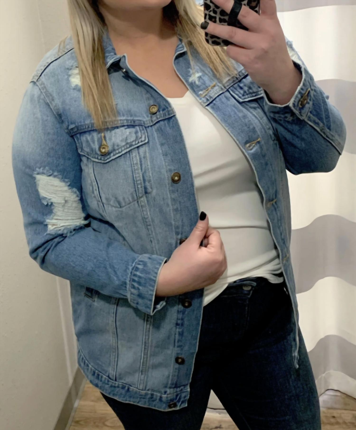 Poison Mushroom Boyfriend Style Distressed Jean Jacket in medium light - women's jacket - detail view
