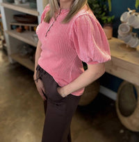 Easel - Waffle Knit Puff Sleeve Top